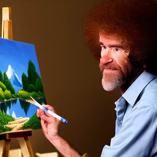 Image similar to a closeup photorealistic photograph of bob ross working on a canvas painting sonic the hedgehog. film still. brightly lit scene. mountains and trees. this 4 k hd image is trending on artstation, featured on behance, well - rendered, extra crisp, features intricate detail, epic composition and the style of unreal engine.