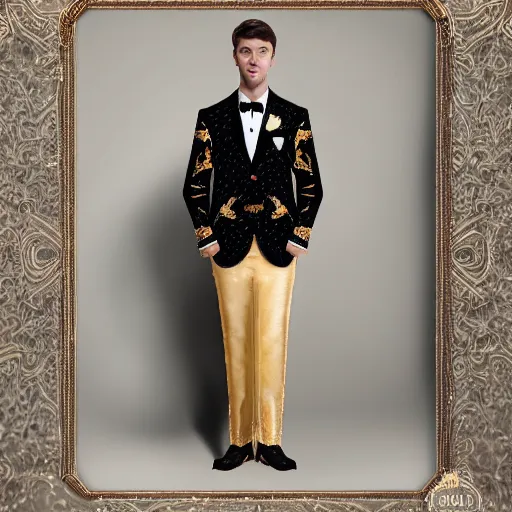 Prompt: elegant fancy suit of the groom,, black gold with elements of the sun. golden highlights. frill collar. intricate patterns with clear lines. clear details. realistic photo. the model is a handsome young man with a symmetrical face.