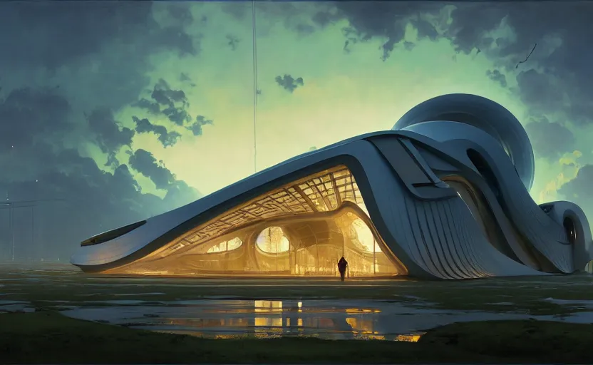 Prompt: exterior shot of utopian architecture laboratory with cinematic lighting by zaha hadid and renzo piano, darek zabrocki and greg ruthkowski, alphonse mucha, simon stalenhag, cinematic, scifi, futurism, atmospheric, sunset, concept art, artstation, trending on artstation