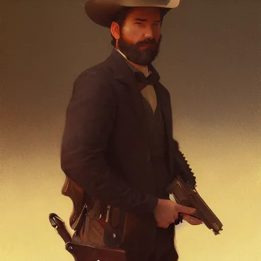 Image similar to a portrait painting of a gunslinger gentleman, art greg rutkowski and william - adolphe bouguereau