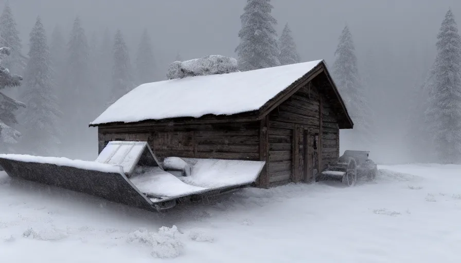 Prompt: A Snowplow!! clearing a beautiful snowy landscape with a small hut in the background. A blizzard and heavy snow falls. Fog and mist, highly detailed, concept art, digital art, 4k, high snow