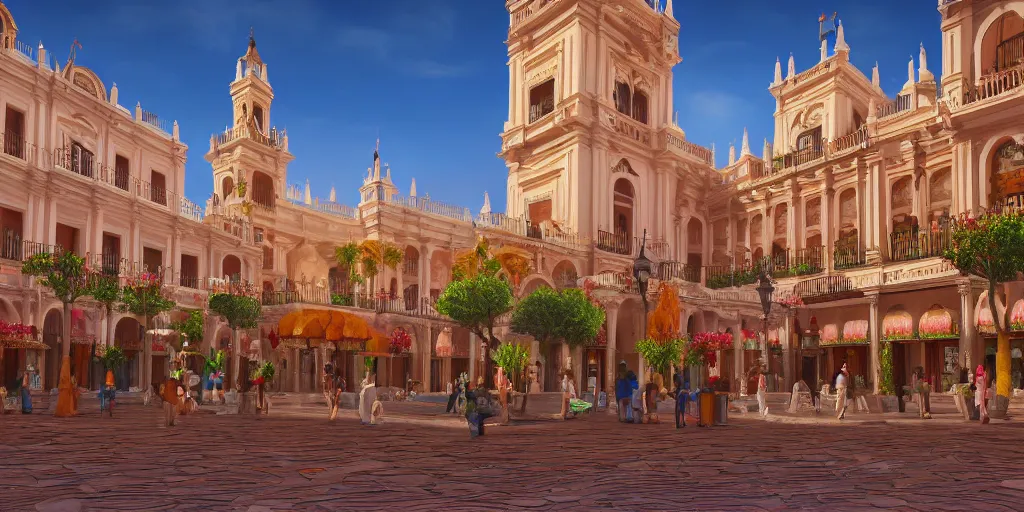 Image similar to ultra detailed and realistic painting of la plaza nueva ( seville ) inspired by very beautiful cute and colored disney movie backgrounds, rendered in 8 k unreal engine