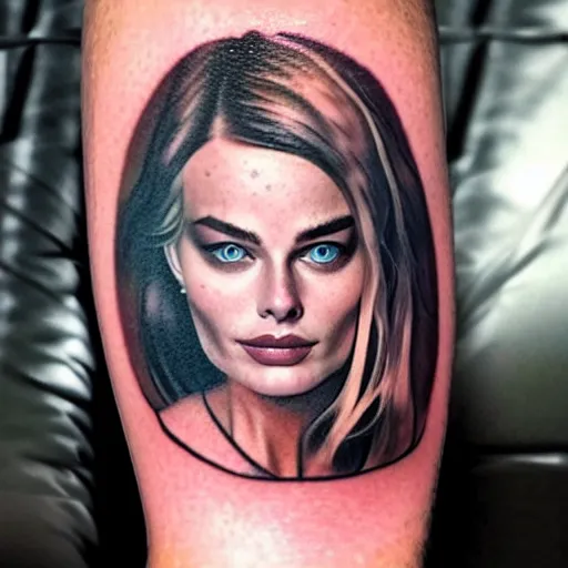 Image similar to face morph tattoo design of margot robbie with beautiful mountain scenery, in the style of arlo dicristina, amazing detail, mash up