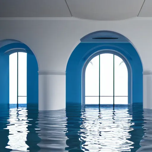 Image similar to interior of a flooded building, all white, minimalistic architecture, rounded ceiling, arched doorway, dim lights, liminal space, blue water, minimalistic,