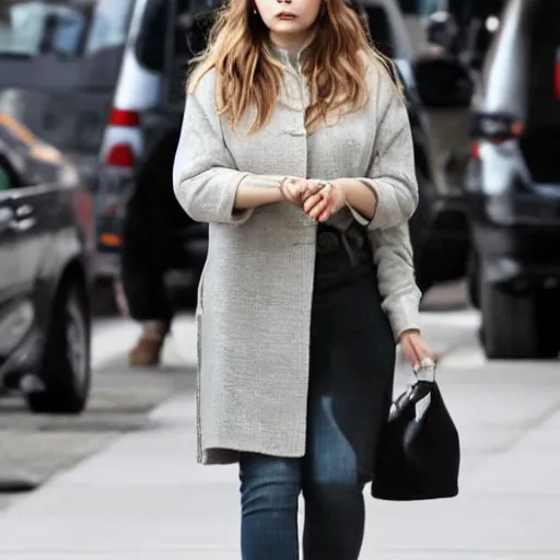 Image similar to portrait of elizabeth olsen walking down the street, trending on artisan, high quality