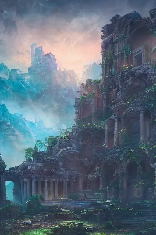 Image similar to beautiful matte painting vaporwave, fantasy ruins skyline background painted, intricate, volumetric lighting, beautiful, rich deep colors masterpiece, sharp focus, ultra detailed by