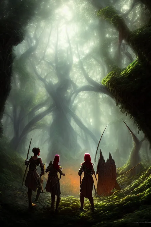 Image similar to a highly detailed matte painting of a group of young wizard a young warrior and a young paladin exploring elven ruins in a mystical forest by artgerm, by wlop, by greg rutkowski, red tones, volumetric lighting, octane render, 4 k resolution, trending on artstation, masterpiece
