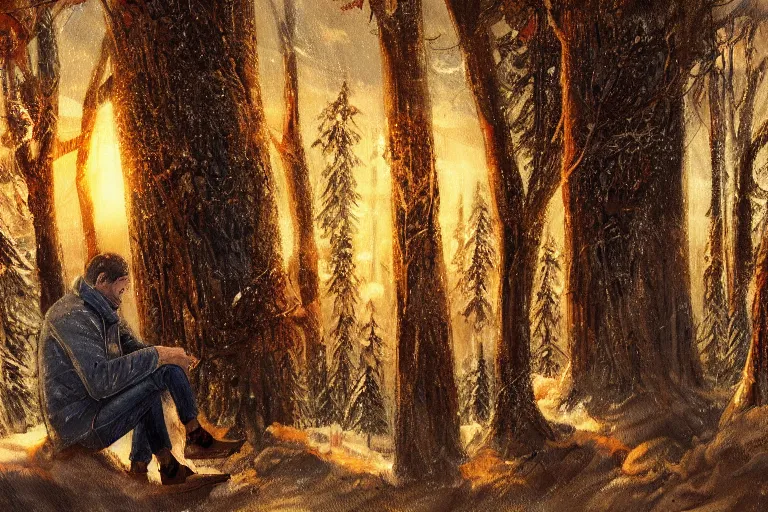 Image similar to ryan church jon mccoy concept art mood painting man sitting in tree winter watching beautiful december sunrise detailed forest