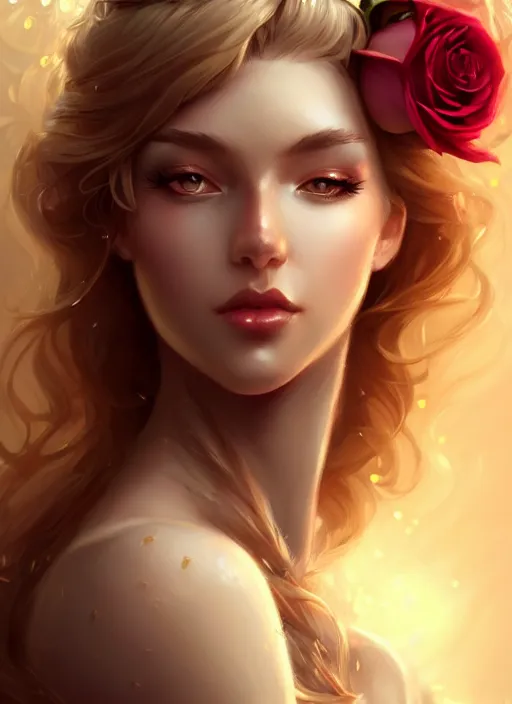 Prompt: modern goddess of beauty wide angle view, roses, flowers, gold, diamonds, highly detailed, artgerm, cushart krenz, artstation, soft light, sharp focus, illustration, character design, concept art