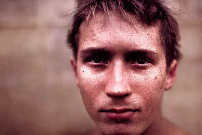 Prompt: a closeup cinematic!! headshot photograph!! of a male, stood in a factory, dirt, film still, cinematic lighting, by bill henson