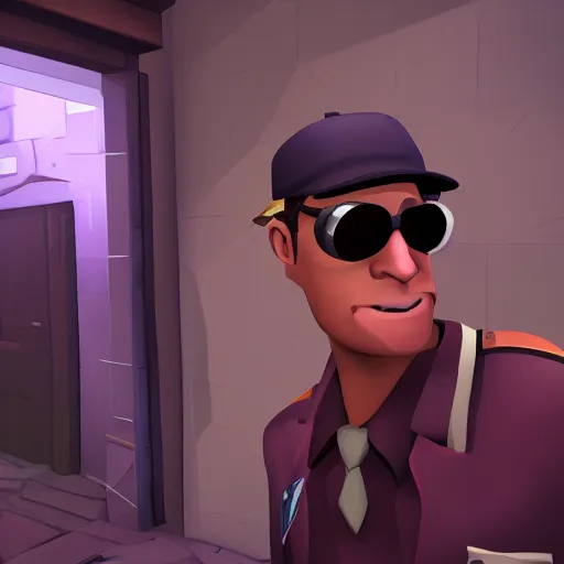 Image similar to TF2 Spy sneaking into a nightclub disguised as scout