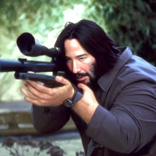 Prompt: fat Keanu Reeves using a sniper rifle, film still, detailed, 4k