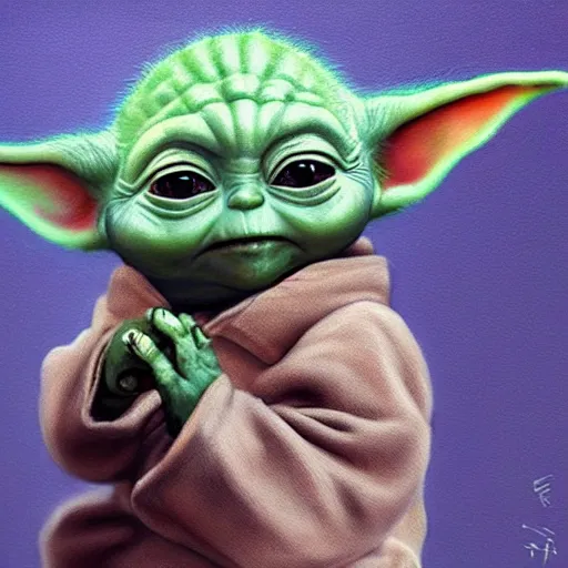 Image similar to small cute baby yoda, hyper detailed painting, dramatic lighting, cinematic,