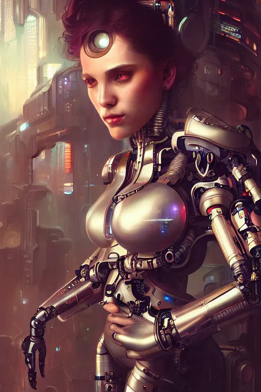 Image similar to ultra realistic, beautiful female cyborg in a crowded smoky cyberpunk club in space megalopolis, sci-fi, intricate details, eerie, highly detailed, octane render, 8k, art by artgerm and alphonse mucha and greg rutkowski