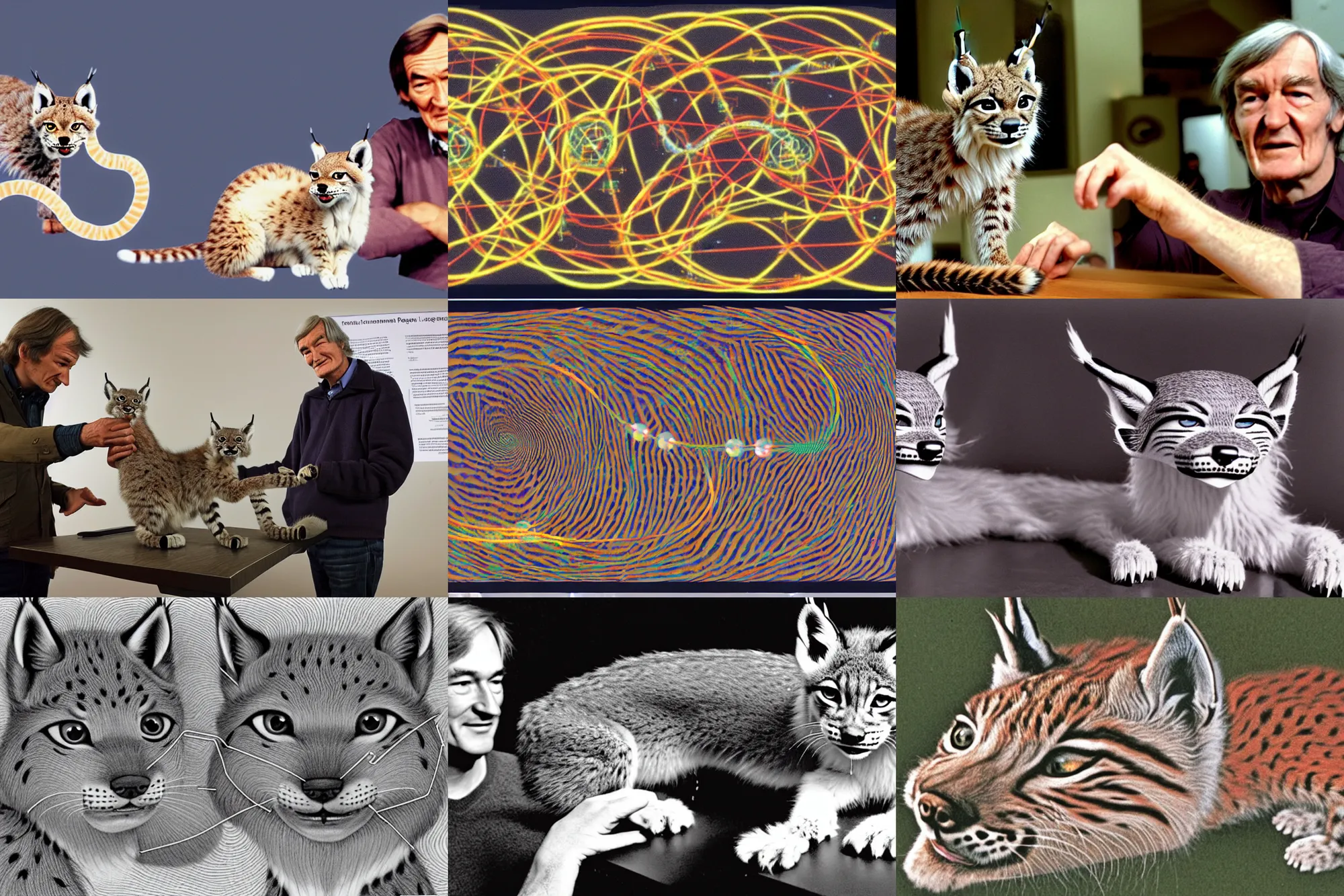 Prompt: a demonstration of the lynx that links the hopf fibrational planes into one cohesive topology, and the ferret that crosses the solitons ( topological defects ). roger penrose and timothy leary.