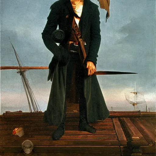 Image similar to pirate wearing an eyepatch, ship, digital oil paint, by caspar david friedrich