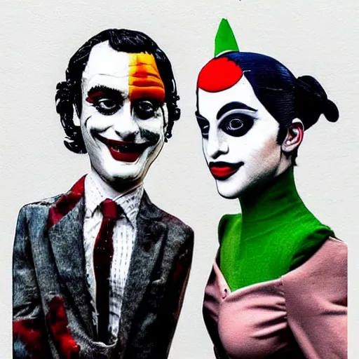 Prompt: mimmo rottela and banksy as joaquin phoenix skinny joker holding hand lady gaga harley queen, very realistic, intricate details, pop art style, concept art, confident, love, random object movement, 3 colours, proportional size, warm color, 4 k, ultra smooth, sharp focus