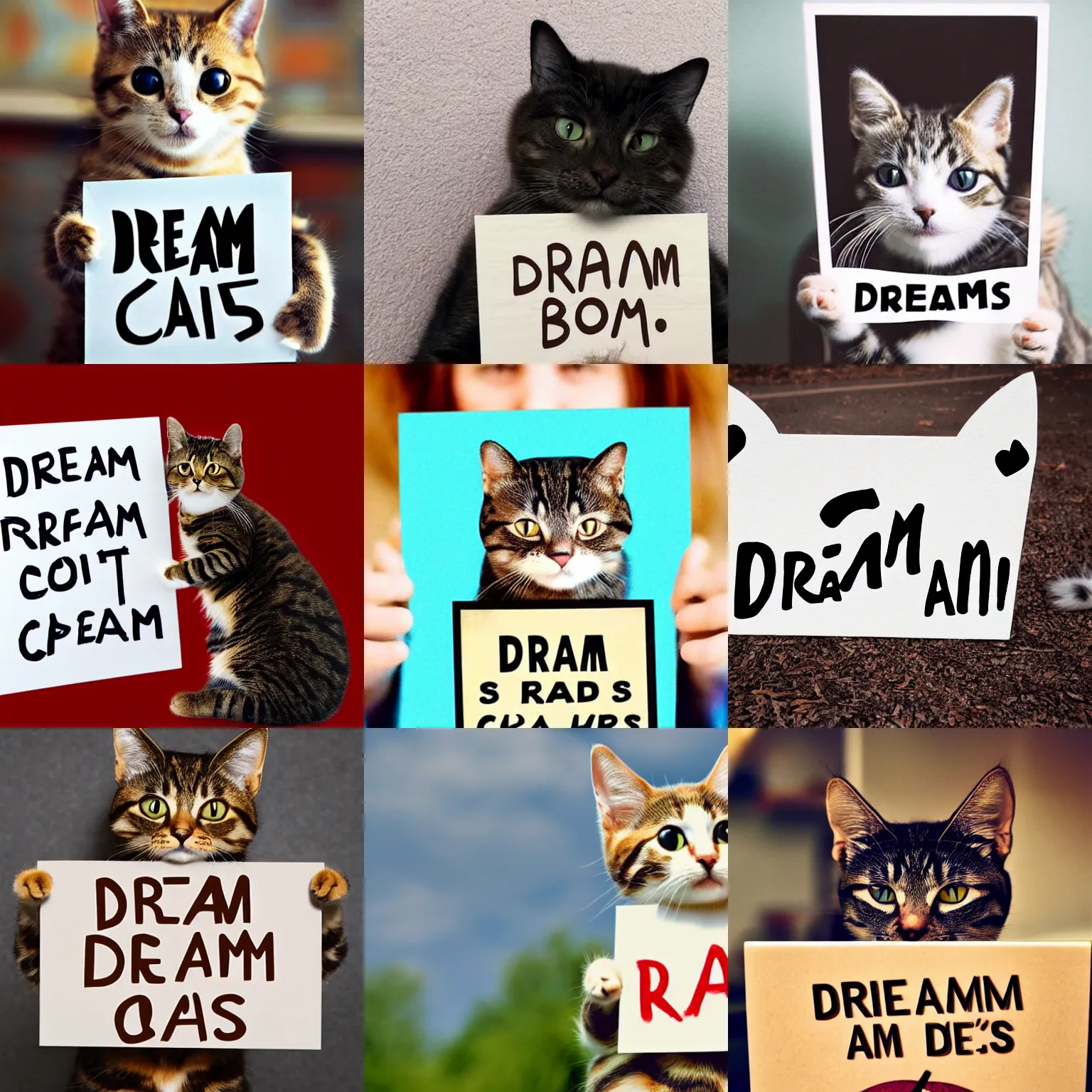 Image similar to realistic high quality photo of a cute cat holding a sign with text that reads : dream cats