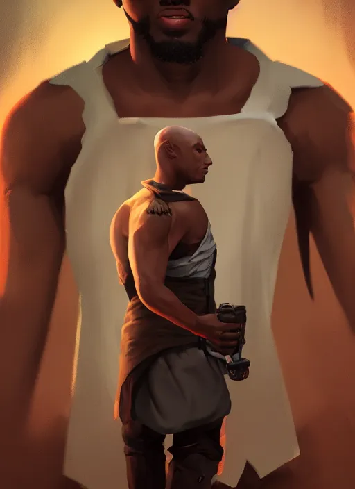 Image similar to An epic fantasy comic book style portrait painting of a young dark skinned thief with broad shoulders and a bald head in a vest, unreal 5, DAZ, hyperrealistic, octane render, cosplay, RPG portrait, dynamic lighting