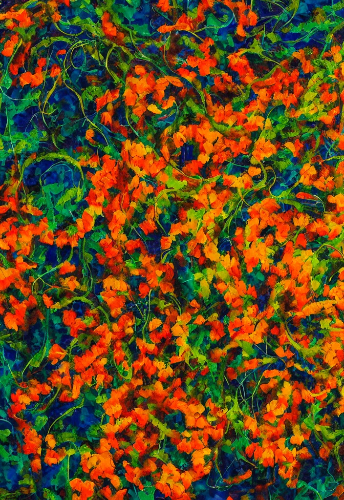 Image similar to award winning abstract expressionism artwork about entangled sunflowers and falling nasturtiums with vines, high definition, fine details, closeup, volumetric lighting