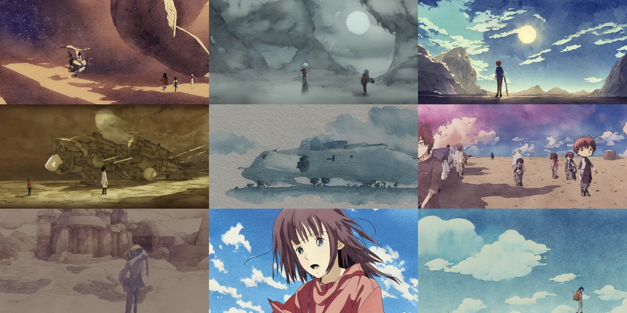 Prompt: anime movie screenshot, paper texture, ( ( detailed watercolor ) ) one lonely character by tatsuyuki tanaka, vanishing point, by ghibli!!! nausicaa!!, desert!!!, journey, rim light, long shadows, bright, miyazaki, vibrant, motion, airship, flying beetles