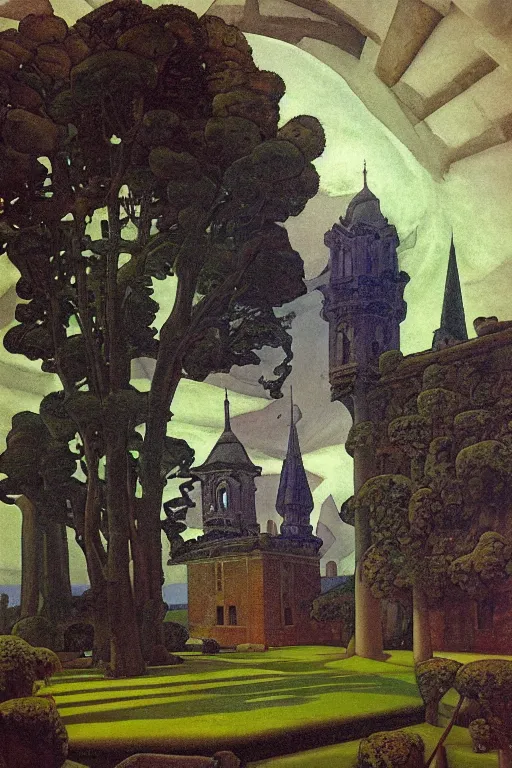 Prompt: view of the old tower and its gardens after a storm, tall windows lit up, beautiful ornamental architecture, dramatic cinematic lighting, rich colors, by Nicholas Roerich and and Caspar David Friedrich and ford madox brown and April Gornik and William Dyce and ((Diego Rivera)), smooth featured on artstation