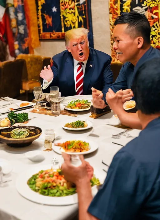 Image similar to Trump and Biden having dinner at a fancy Balinese restaurant, award winning photography, sigma 85mm Lens F/1.4, blurred background, perfect faces