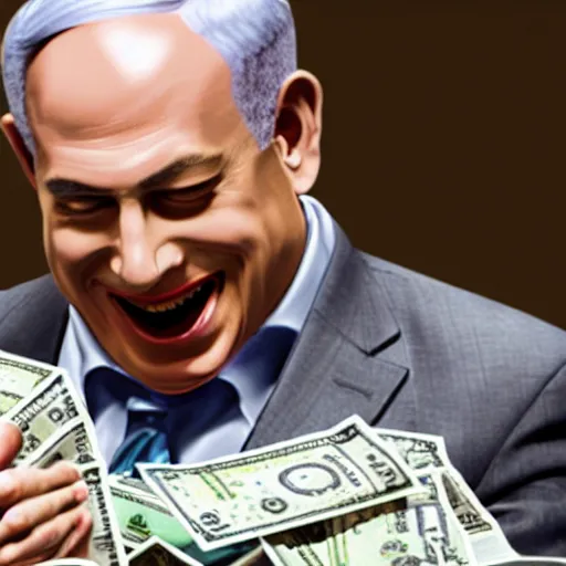 Image similar to benjamin netanyahu laughing maniacally counting piles of cash