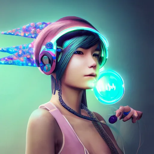 Image similar to a digital painting of a girl with a fish on her head, cyberpunk art by kiyohara tama, cgsociety, funk art, seapunk, anime aesthetic, rendered in maya