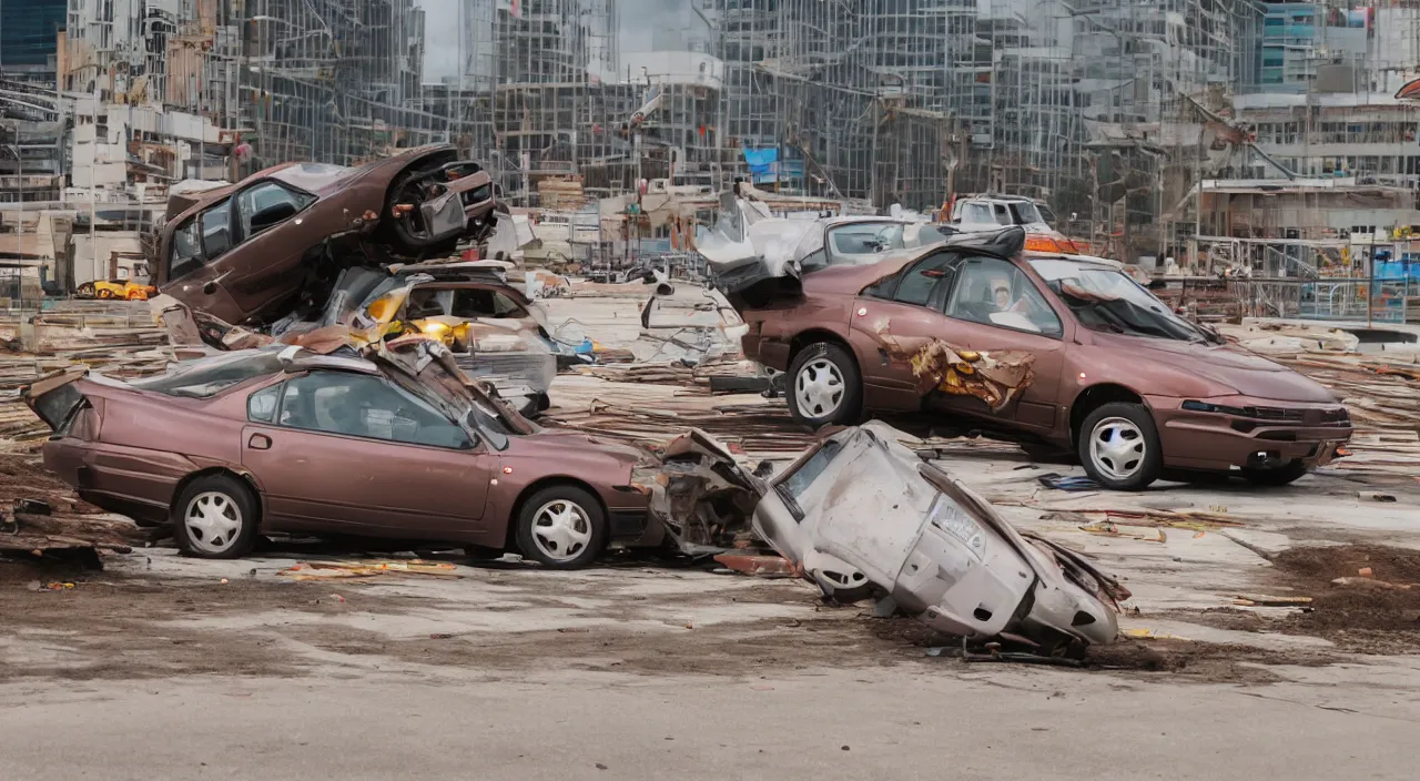 Prompt: Action shot of a single 1993 brown nissan maxima crashing into two construction drums stacked on top of each other, the windshield is being smashed by the top construction drum, moment frozen in time, photo realistic, night, photo realistic, depth of field, award winning, cinematic, color graded