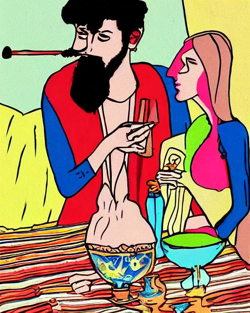 Prompt: chad eastern european guy enjoying hookah dating a turkish girl acid trip artwork