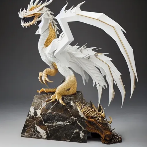 Image similar to feathered dragon, white marble with gold accents, by ellen jewett