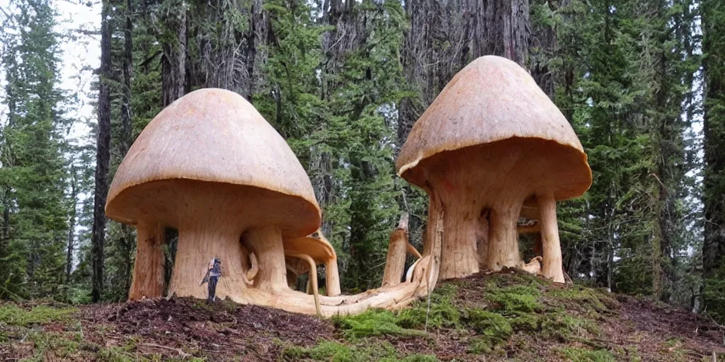 Image similar to tower home made from a giant mushroom, pacific northwest