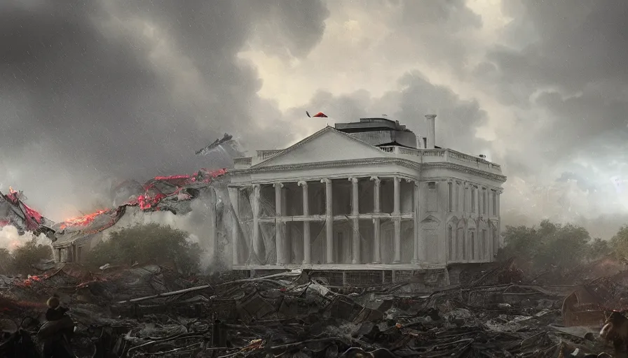 Image similar to washington during tsunami, rain, thunderstorm, destruction, destroyed white house, destroyed capitol, collapsed washington monument, hyperdetailed, artstation, cgsociety, 8 k