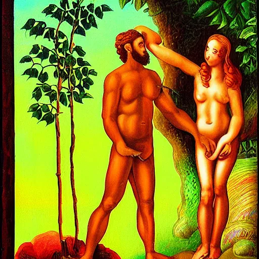 Prompt: Painting of Adam and Eve in the (Garden of Eden). Colorful.