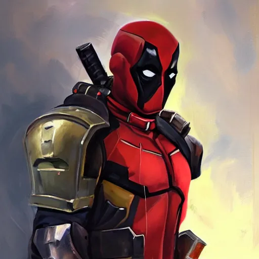 Image similar to greg manchess portrait painting of armored deadpool as overwatch character, medium shot, asymmetrical, profile picture, organic painting, sunny day, matte painting, bold shapes, hard edges, street art, trending on artstation, by huang guangjian and gil elvgren and sachin teng