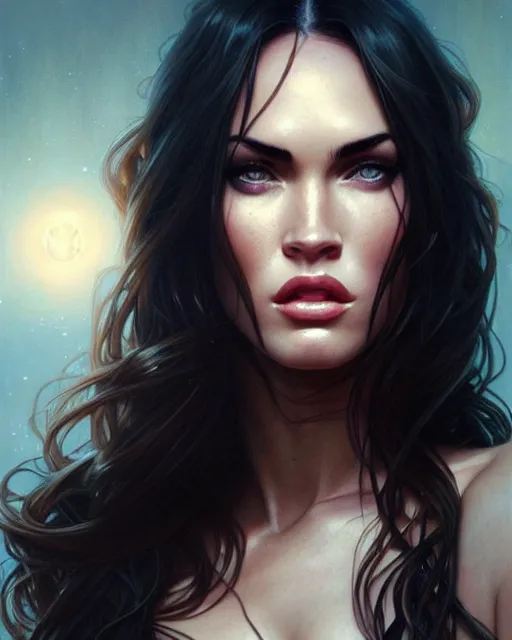 Image similar to portrait of megan fox with sultry face expression, glowing eyes, intricate, headshot, highly detailed, digital painting, artstation, concept art, sharp focus, cinematic lighting, illustration, art by artgerm and greg rutkowski, alphonse mucha, cgsociety