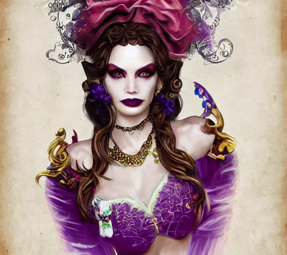 Image similar to beautiful female character inspired by new orleans mardi gras and rococo vampire bounty hunter | | digital artwork made by greg rutswork, anna dittmann and lois van barlee, symmetrical rim light, anatomically correct