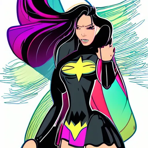 Prompt: digital 2D comic art, book illustration, full-body character design of a beautiful and excited female superhero surrounded by explosions, symmetrical face, long dark hair, well-endowed, accentuated feminine features, female superhero proportions, wearing a latex bodysuit and flowing rainbow cape, vector graphics, vector tracing, comic book realism, thick contouring, cel shading, in the style of David Nakayama and Jorge Jiménez, ArtStation, vibrant colors