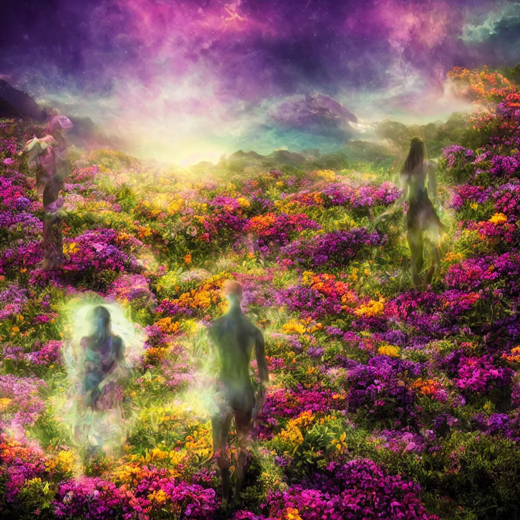 Image similar to a planet of various flowers, fungus and plants, in which the human figure is dressed in something magical and impressive, inside the picture is infinity, sunset light, Atmospheric phenomenon, artistic photography, muted colors, conceptual, long exposure outside the city