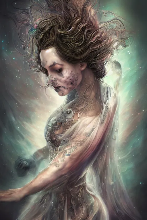 Image similar to a wlop 3 d render of very very very very highly detailed beautiful mystic portrait of a phantom undead ballerina with whirling galaxy around, tattoos by anton pieck, intricate, extremely detailed, flowing dress, digital painting, artstation, concept art, smooth, sharp focus, illustration, intimidating lighting, incredible art,