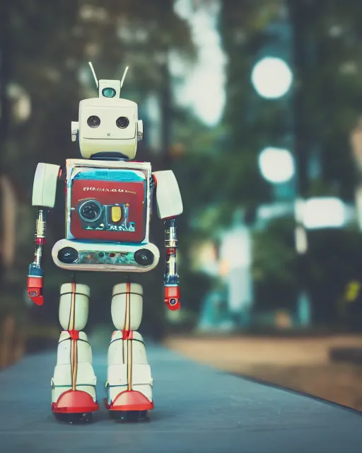 Image similar to high quality presentation photo of a retro toy robot, photography 4k, f1.8 anamorphic, bokeh, 4k, Canon, Nikon