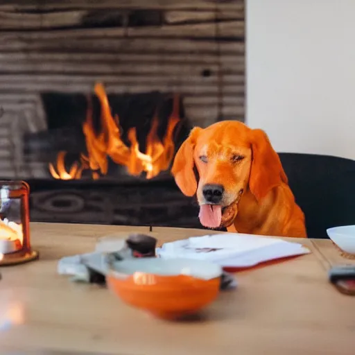 Image similar to a photograph of an orange humanlike dog in his house, sitting relaxed at a table, ☕ on the table, surrounded by flames and fire, smoke above him