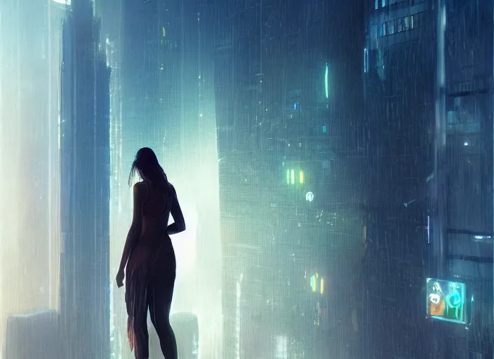 Prompt: gigantic holographic female standing beside a skyscraper, rainy, cyberpunk, blade runner, futuristic, intricate, sharp focus, lens flare, bloom, illustration, highly detailed, digital painting, concept art, matte, art by ruan jia and wlop and greg rutkowski, masterpiece