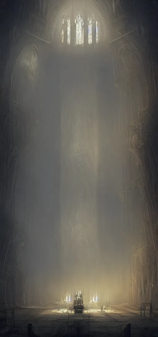 Prompt: pipe organ in an sunken cathedral, obsidian walls with silver trim, smoke, fog, unearthly light, by peter mohrbacher dan mumford craig mullins nekro, cgsociety, pixiv, volumetric light, 3 d render, smoke, dark fog, sunset colors