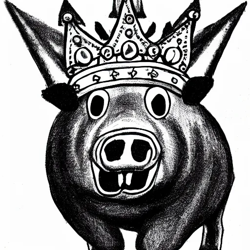 Image similar to walking pig wearing crown ink drawing black and white 35mm