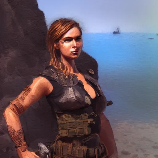 Image similar to portrait of mercenary's wife young beautiful woman standing on primeval waters, dynamic lighting, cinematic, establishing shot, extremely high detail, photo realistic, cinematic lighting, oil painting, intricate line drawings