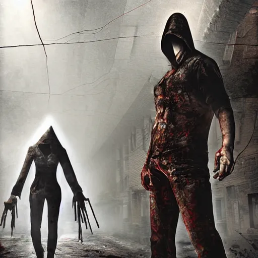 Image similar to pyramid head from silent hill in a street full of zombies, 4k. high detail, high-resolution photograph