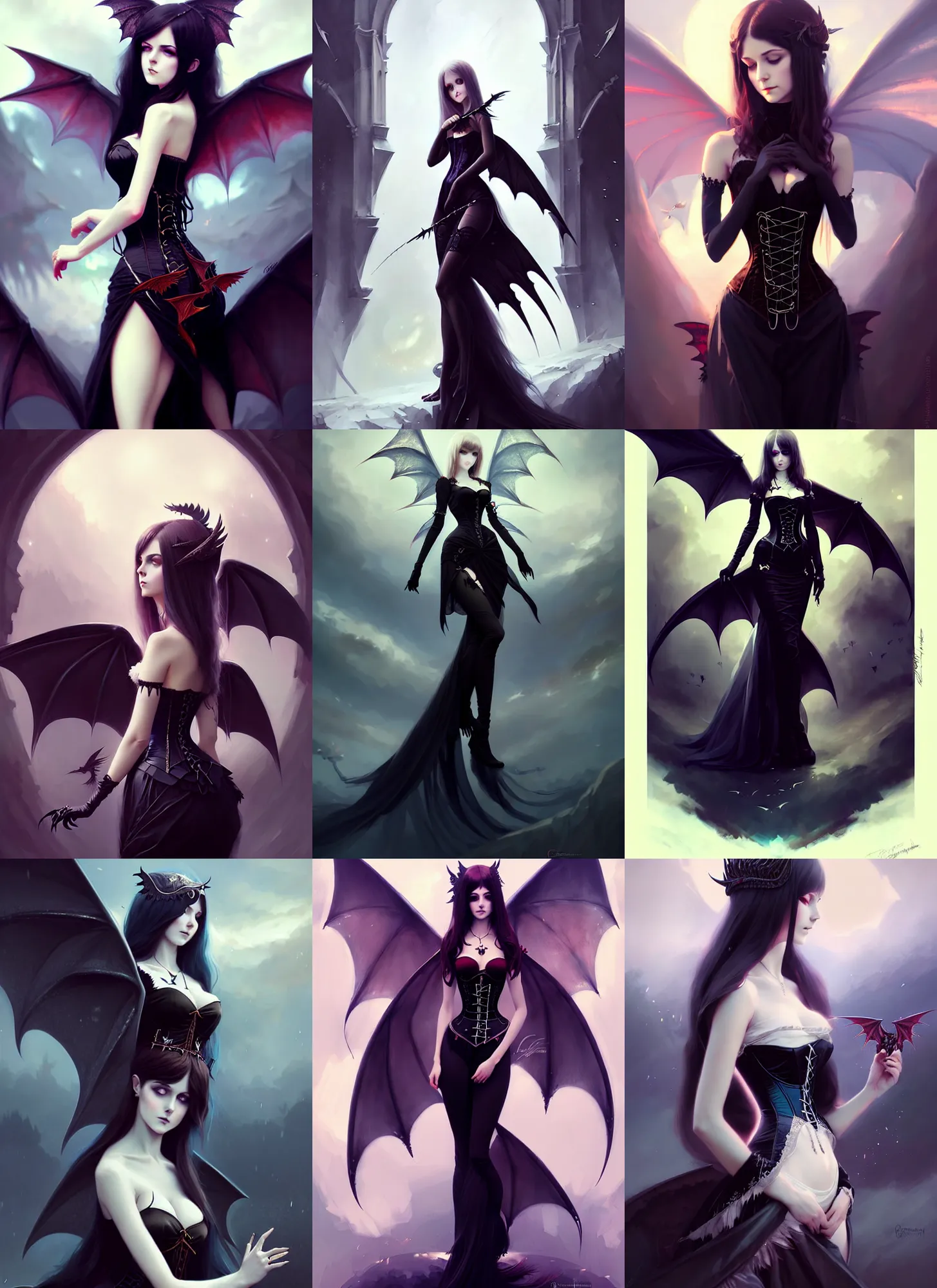 Prompt: an elegant beautiful gothic princess with dragon wings in the sky, tight corset, full body, style of ilya kuvshinov greg rutkowski anna dittmann, masterpiece, very high quality, dark, intricate, high resolution