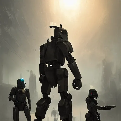 Prompt: a digital painting of bounty hunter robots, matte painting, hyper realistic, very detailed, dramatic scene, realistic lighting, dark fantasy, 4 k, in the style of greg rutkowski,